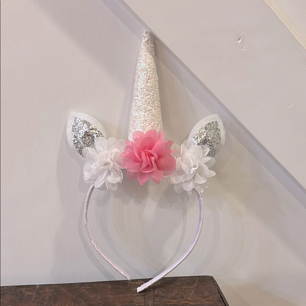 Sparkly Floral Unicorn Girls Headband White Silver Pink